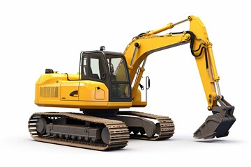 Group of construction equipment: excavator, loader. 3D rendering with shadow on white background. Generative AI