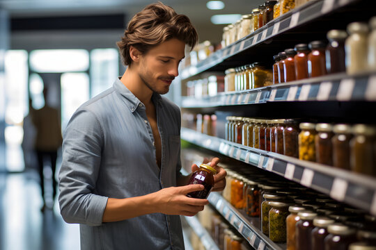 young adult Caucasian man choosing a product in a grocery store. Neural network generated image. Not based on any actual person or scene.