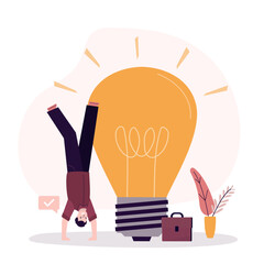 Happy smart businessman upside down, leader near bright lightbulb lamp. Creative new idea, innovation start up business or inspiration to achieve success goal.