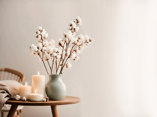 Table with aroma candles and cotton flowers light background. Generative AI.
