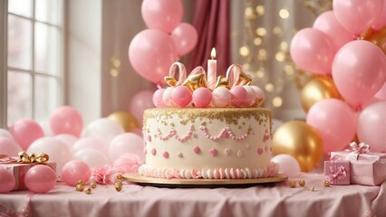 Beautiful pink cake around many balloons and gift boxes, in a large bright room. Generative AI.