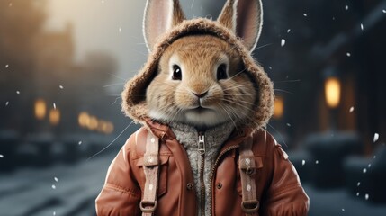 Cute rabbit in a jacket and hood in the snowy winter for the Christmas and New Year holiday - obrazy, fototapety, plakaty