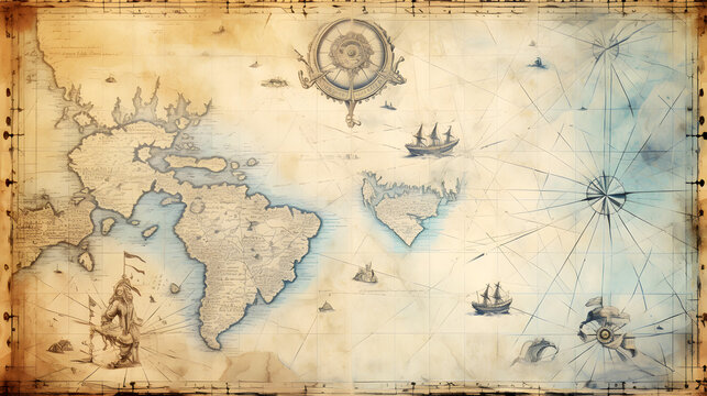 Blue medieval old nautical map background. generative AI.
