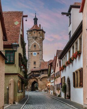 Spectacular cityscape of the iconic medieval fairytale town of Rothenburg ob der Tauber, Germany