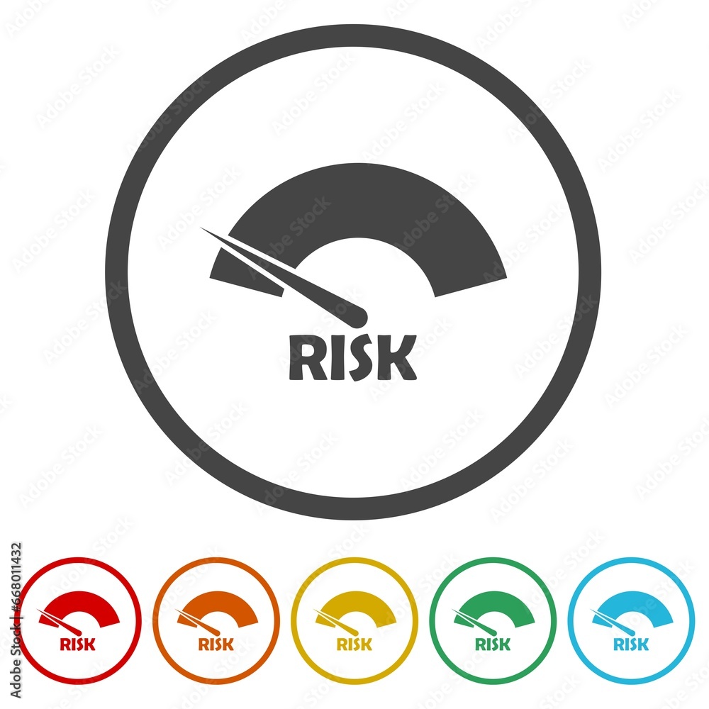Poster risk concept on speedometer icon. set icons in color circle buttons