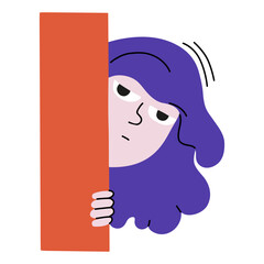 The girl is peeking. A woman secretly peeks from behind the wall and eavesdrops. Flat vector illustration in violet and orange colours isolated on white background