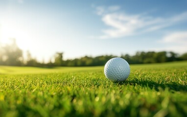 A golf ball on a green grass on a big beautiful golf field. Sport hobby design background.