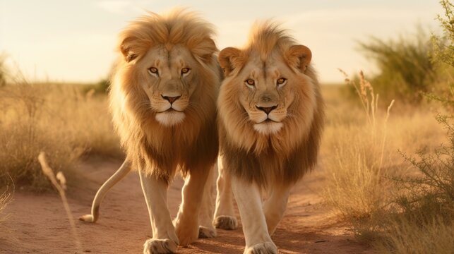 Wild lion couple loving pride of the jungle at summer. AI generated image
