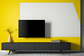 TV on cabinet in modern living room on yellow wall background, 3d rendering. Template