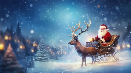 Merry Christmas holiday vacation winter background greeting card - Santa Claus sitting on Christmas sleigh, with reindeer, snowflakes and sun bokeh light