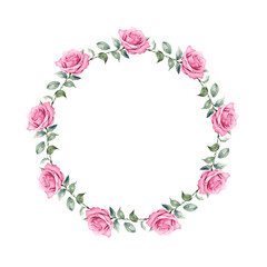 pink rose flowers with leaves watercolor paint round frame