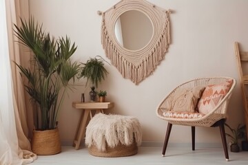 Boho-style frame photo interior with tassel blanket, plant, wicker chair, and pot on beige background. Generative AI - obrazy, fototapety, plakaty