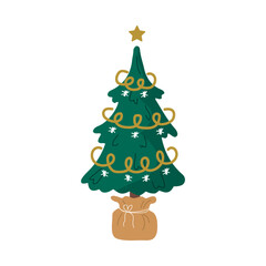 Christmas tree in craft paper. Holiday spruce with garland and star in pot. Cozy home decoration on white background. Vector illustration in flat cartoon style.