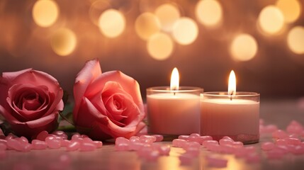 Candles and rose romantic scene on valentines' day with blur couple background created