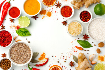 Beautiful composition with various spices on white background
