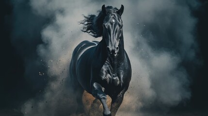 Majestic Black Horse Emerging from Ethereal Smoky Darkness
