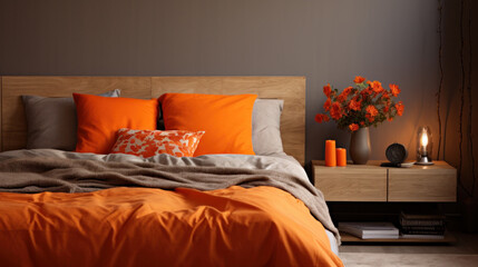 Orange pillows on white king size bed in fashionable female bedroom