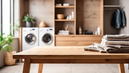 Empty desk with blurred background of laundry room