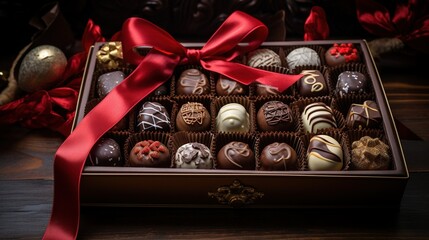 Chocolates and chocolate pralines in a gift box as a luxury holiday present - obrazy, fototapety, plakaty