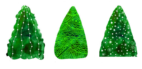 Set of decorative Christmas trees isolated on white background. Triangular watercolor spots, different shades of green. Decorated with lights, snowflakes from lines and dots. And geometric decor.