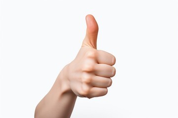 Women's hands with thumbs up sign isolated against white background