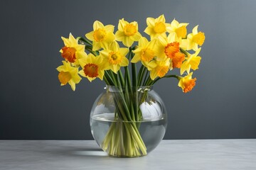 Arrangement of bright daffodils in a transparent vase against a plain backdrop. Generative AI