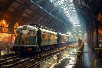 Fototapeta na wymiar Monet-style railway station with trains. Generative AI