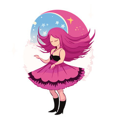 夢を見るように月の魔法を使うピンク色の髪の可愛い若い少女の全身イラスト「AI生成画像」