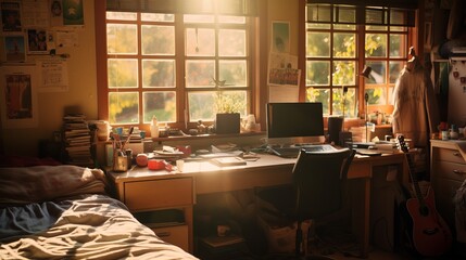 Messy lived-in student bedroom in afternoon light. Big windows - obrazy, fototapety, plakaty