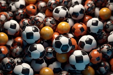 Background with multiple football balls. Realistic rendering in 3D. Generative AI