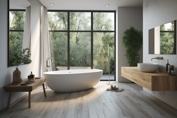 Modern bathroom with bathtub and accessories, large window. Generative AI