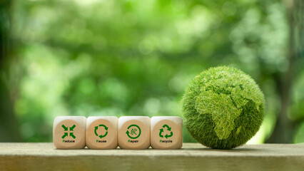 The 4R Principle: Reduce, Reuse, Repair and Recycle  for Zero waste. product packaging design, An ecological metaphor for ecological waste management and a sustainable and economical lifestyle.