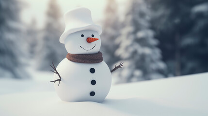 A snowman in a hat and scarf against the backdrop of a blurred forest. Festive smiling snowman. Snowman with carrot nose and buttons, winter day. Winter, snow and childhood concept