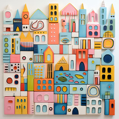 A small, simple and colorful town, created by geometric figures such as rectangles, cylinders, squares and more applied to the architecture of the house, white background 