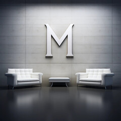 A White Letter M Icon or Logo Hanging on a Wall Between Two Lounge Chairs - obrazy, fototapety, plakaty