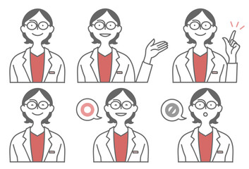 Avatar illustration set of woman wearing white coats with various expressions/様々な表情の白衣を着た女性のアバターイラストセット - obrazy, fototapety, plakaty