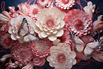Stunning bloom amidst circular 3D pattern, accompanied by ethereal butterflies. Generative AI