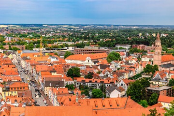 Panoramic view, aerial skyline of Landshut in Bavaria. Saint Martin cathedral, Martinskirch in old town and cathedrals, architecture, roofs of houses, streets landscape, Landshut, Germany.