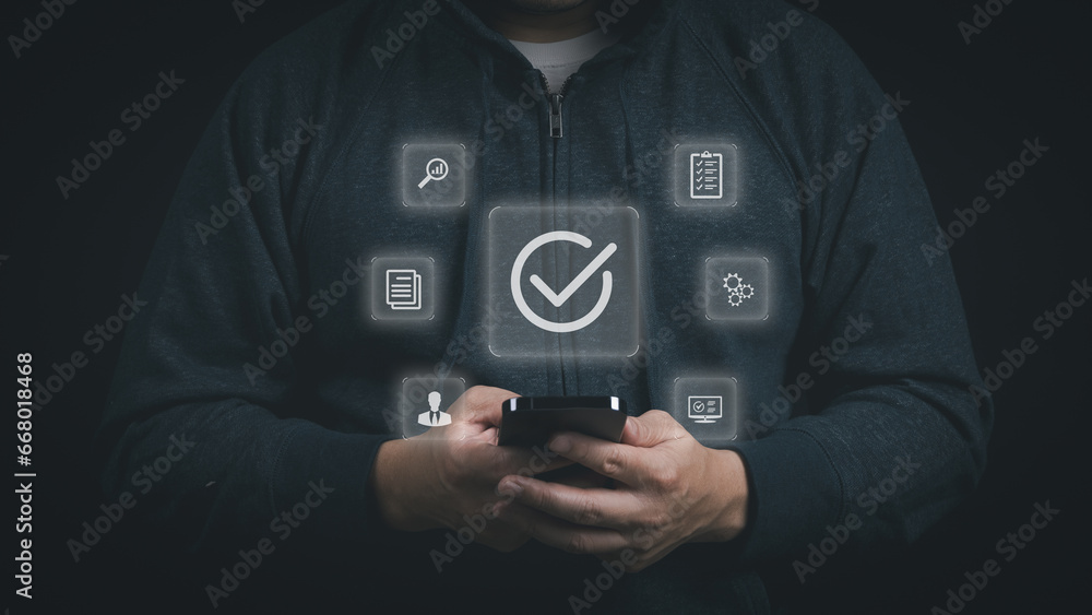 Poster man using smartphone to checking quality assurance and approval for service guarantee, certification