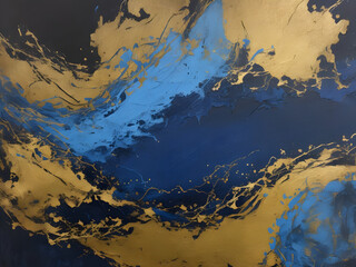 Abstract dark blue and gold painting on canvas background, Generative AI