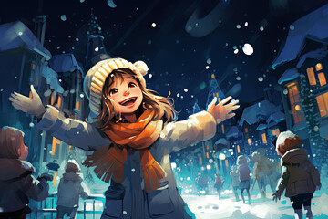 illustration of cute little girl in winter outfit fascinated looking at snowfall. cartoon - obrazy, fototapety, plakaty