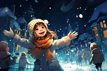 Fotobehang illustration of cute little girl in winter outfit fascinated looking at snowfall. cartoon © zamuruev