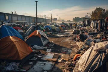 A city with tents and garbage. There are poor homeless people - obrazy, fototapety, plakaty