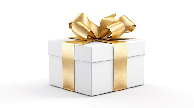 White Gift box decorations with golden ribbon on isolated white background. AI generated image