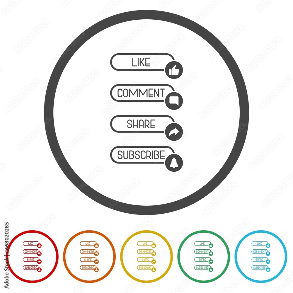 Poster like, comment, share, and subscribe icon. set icons in color circle buttons