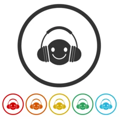 Fotobehang Headphone emoticon icon. Set icons in color circle buttons © sljubisa