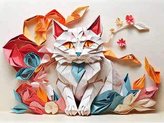 A cat origami style folded paper effect colorful white background Japanese paper art