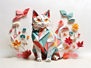 A cat origami style folded paper effect colorful white background Japanese paper art