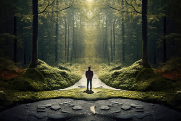 Navigating the Mind: Man standing in front of multiple paths.in Mysterious Foggy Forest