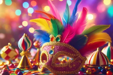 Gordijnen Colorful confetti in front of colorful background with bokeh for carnival © ProArt Studios